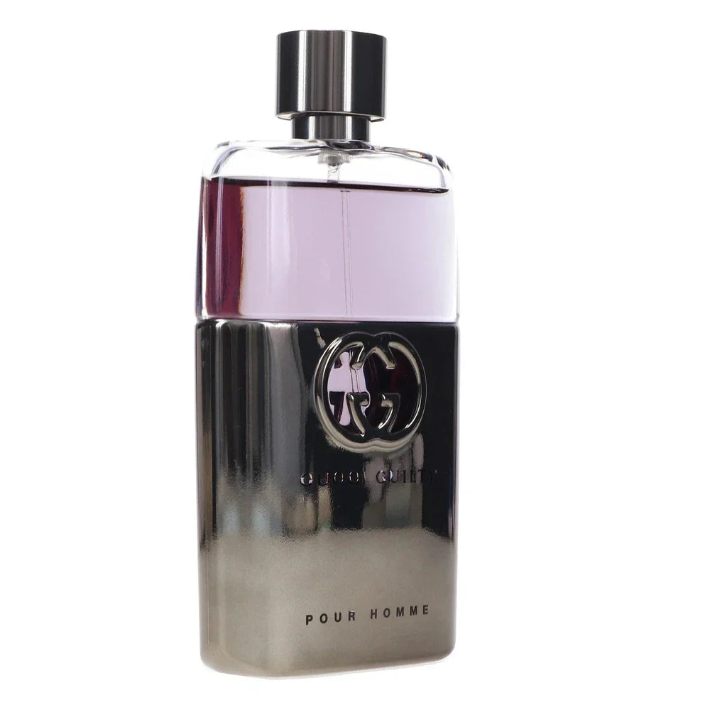 Gucci Guilty Pour Homme Eau de Toilette for men in a 3 oz bottle, featuring a sleek glass design and gold accents.