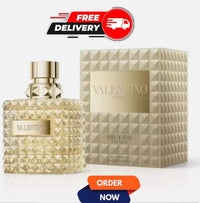Valentino Born In Roma The Gold Donna Eau de Parfum bottle, 3.4 oz, with gold accents, sealed and new in original packaging.