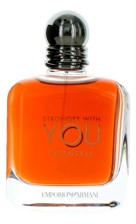 Emporio Armani Stronger With You Intensely men's Eau de Parfum spray in 3.4 oz bottle, featuring sleek design and branding.
