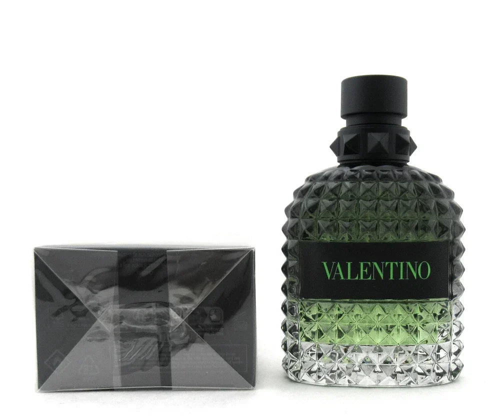 Valentino Uomo Born In Roma Green Stravaganza Eau de Toilette for Men in 3.4 oz bottle, featuring sleek green packaging and stylish design.