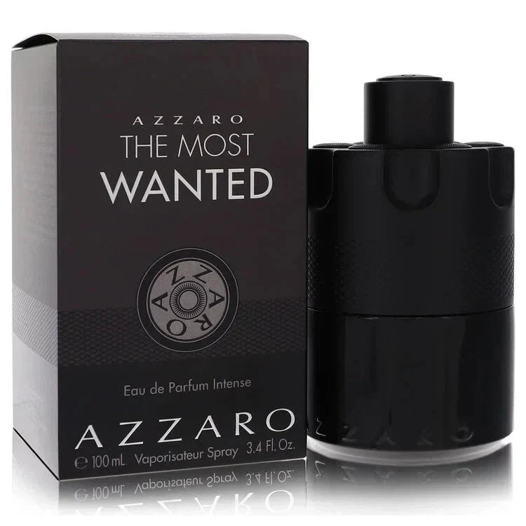 Azzaro The Most Wanted Eau de Parfum Intense bottle for men, 100 ml, with sleek black and gold design, on a reflective surface.