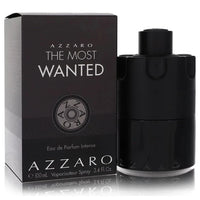 Azzaro The Most Wanted Eau de Parfum Intense bottle for men, 100 ml, with sleek black and gold design, on a reflective surface.