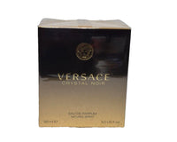 Sealed 3 oz Versace Crystal Noir Eau de Parfum for women in a clear glass bottle with a black cap, elegant and luxurious design.