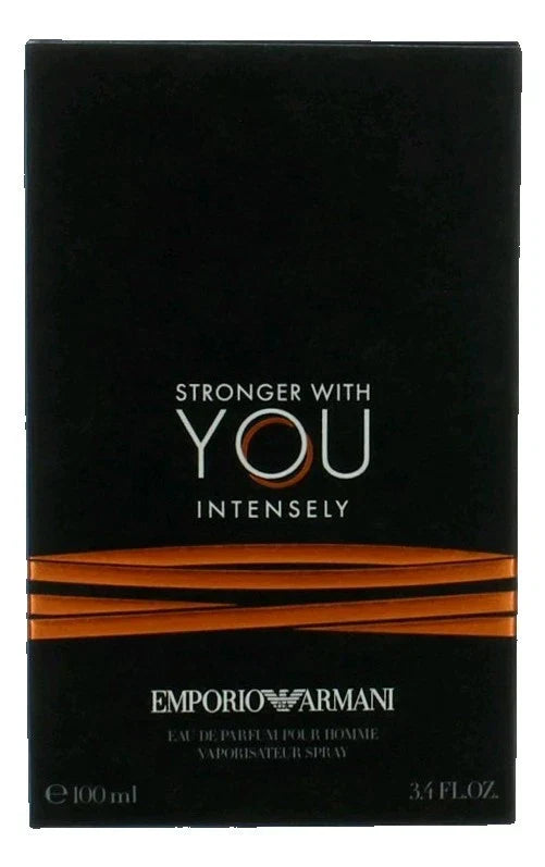 Emporio Armani Stronger With You Intensely men's Eau de Parfum spray in 3.4 oz bottle, with sleek packaging and branding.