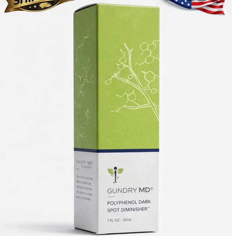 Gundry MD Polyphenol Dark Spot Diminisher Serum in 1 oz sealed bottle, beauty product with clear packaging and dropper applicator.
