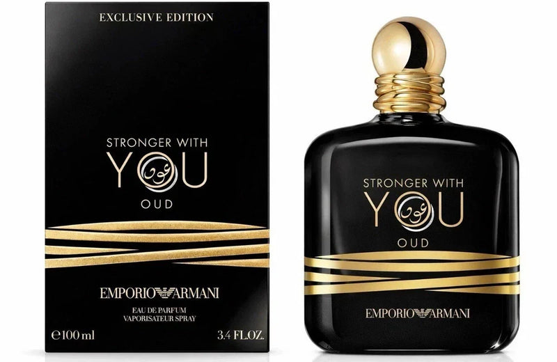 Emporio Armani Stronger With You Oud men's Eau de Parfum spray bottle with sleek black design and silver accents.