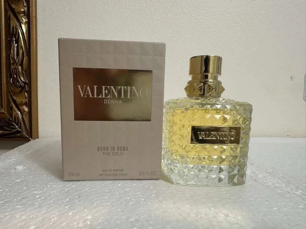 Valentino Born In Roma The Gold Donna Eau de Parfum for Women, 3.4 oz, in sealed bottle with gold accents and elegant packaging.