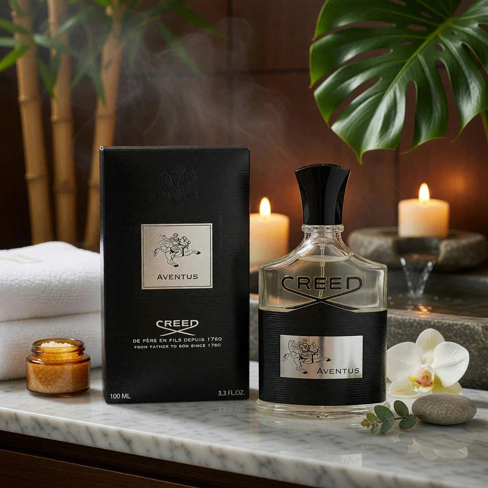 Creed Aventus Eau de Parfum for Men in a 3.3 oz bottle, featuring a sleek design and dark fragrance liquid.