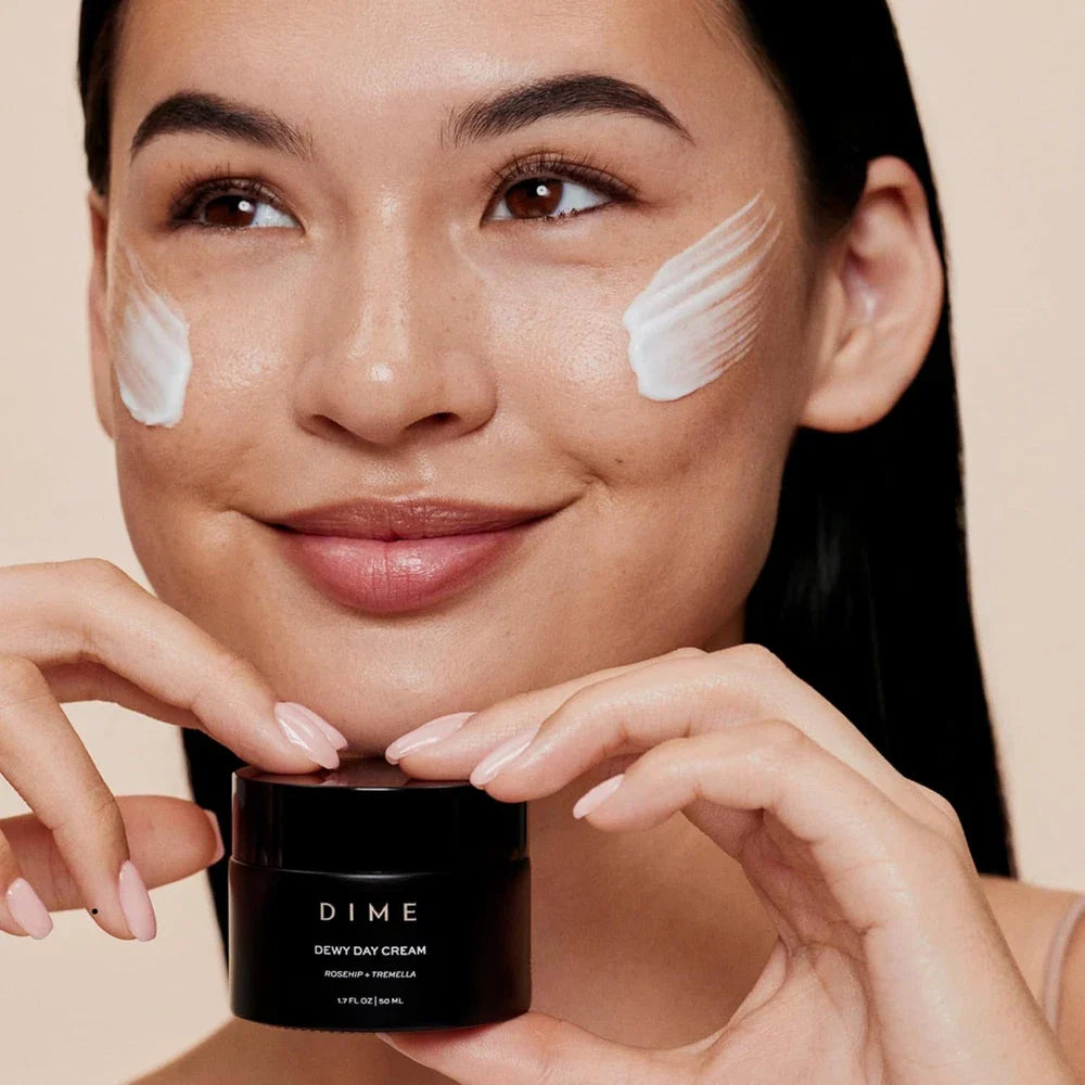 DIME Beauty Dewy Day Cream with rosehip oil and snow mushroom, a morning face moisturizer in a 1.7 oz jar.