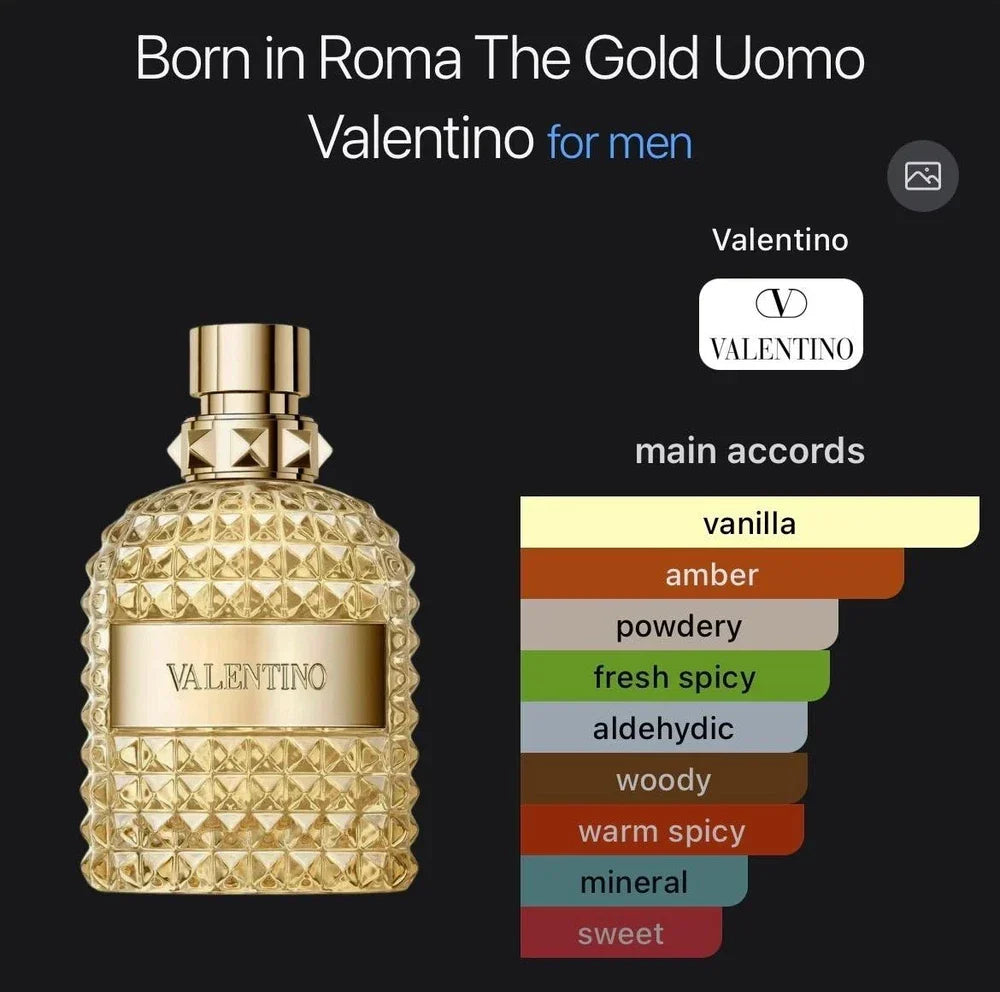 Valentino Uomo Born In Roma The Gold Eau de Toilette for Men 3.4 oz bottle, sealed, with elegant gold packaging and branding.