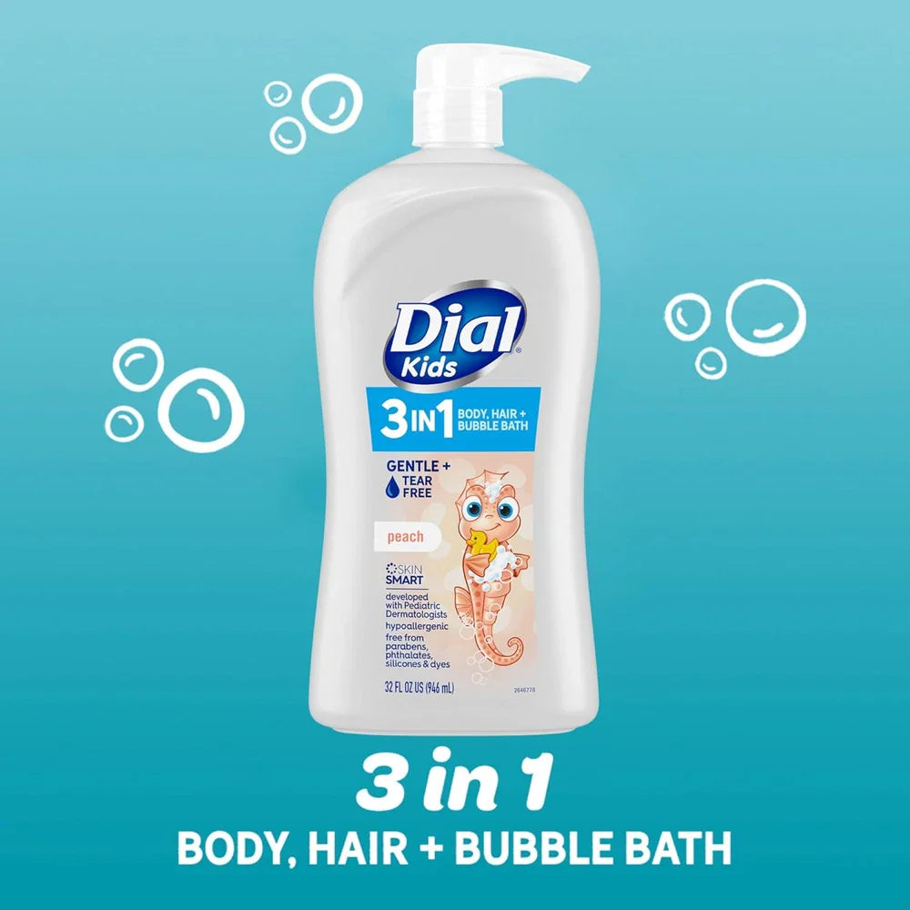 Spacewallart Dial Kids All-in-One Hair, Body Wash and Bubble Bath in peach scent, 32 fl oz bottle with colorful packaging