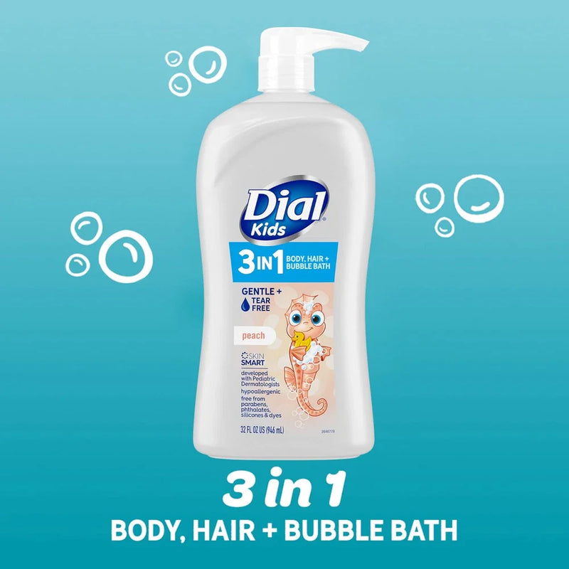 Spacewallart Dial Kids All-in-One Hair, Body Wash and Bubble Bath in peach scent, 32 fl oz bottle with colorful packaging