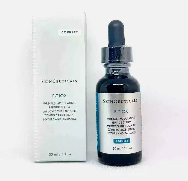 SkinCeuticals P-TIOX wrinkle-modulating peptide serum bottle, 1 oz, with sleek packaging and clear dropper cap for anti-aging skincare