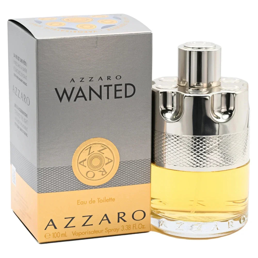 Azzaro Wanted Eau de Toilette for Men 3.4 oz bottle with sleek design, displayed in a new boxed packaging.