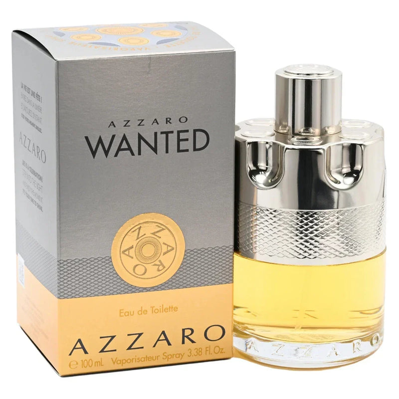 Azzaro Wanted Eau de Toilette for Men 3.4 oz bottle with sleek design, displayed in a new boxed packaging.