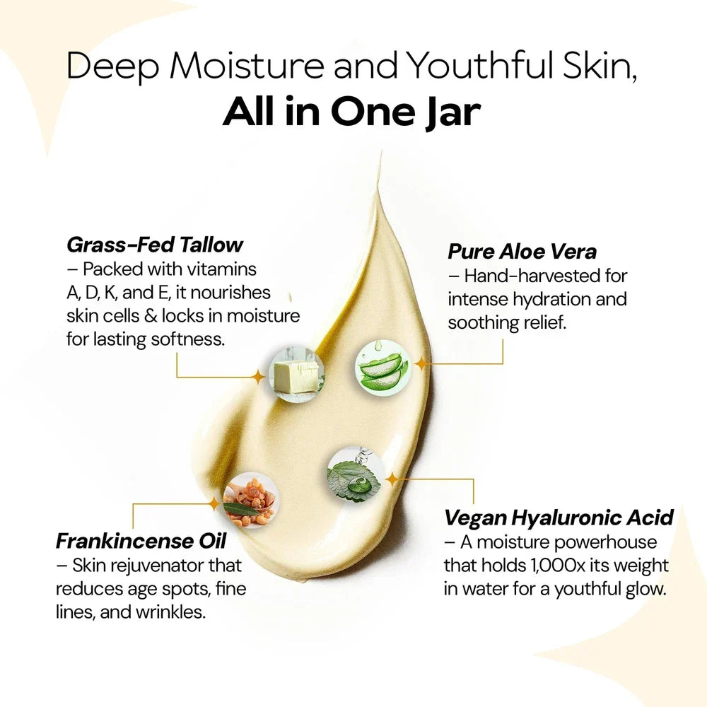 Spacewallart LA PURE Beef Tallow Face Cream in 4 oz jar, featuring aloe vera and hyaluronic acid for deep hydration and skin nourishment.