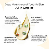Spacewallart LA PURE Beef Tallow Face Cream in 4 oz jar, featuring aloe vera and hyaluronic acid for deep hydration and skin nourishment.