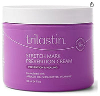 Spacewallart TriLASTIN Maternity stretch mark prevention and healing cream in a 4 oz jar, designed for pregnancy belly care.