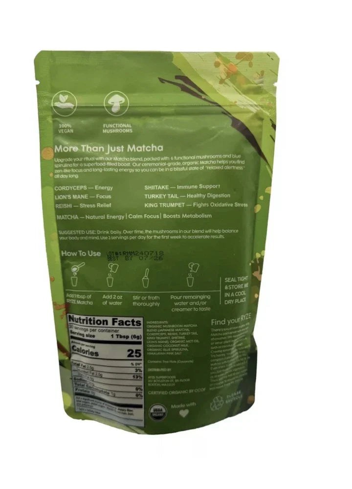 Spacewallart RYZE Mushroom Matcha organic green tea with adaptogenic mushrooms, 30 servings, 300g, in a natural, vibrant display