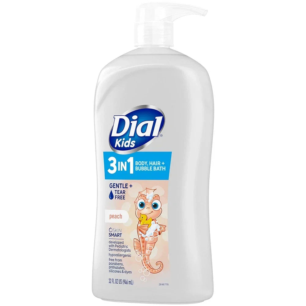 Spacewallart Dial Kids all-in-one hair, body wash and bubble bath in tear-free peach scent, 32 fl oz bottle.