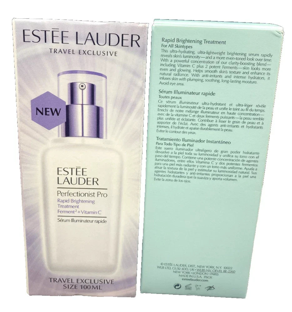 Estée Lauder Perfectionist Pro Rapid Brightening Treatment with Vitamin C in 3.4 oz bottle, showing the product bottle and label.