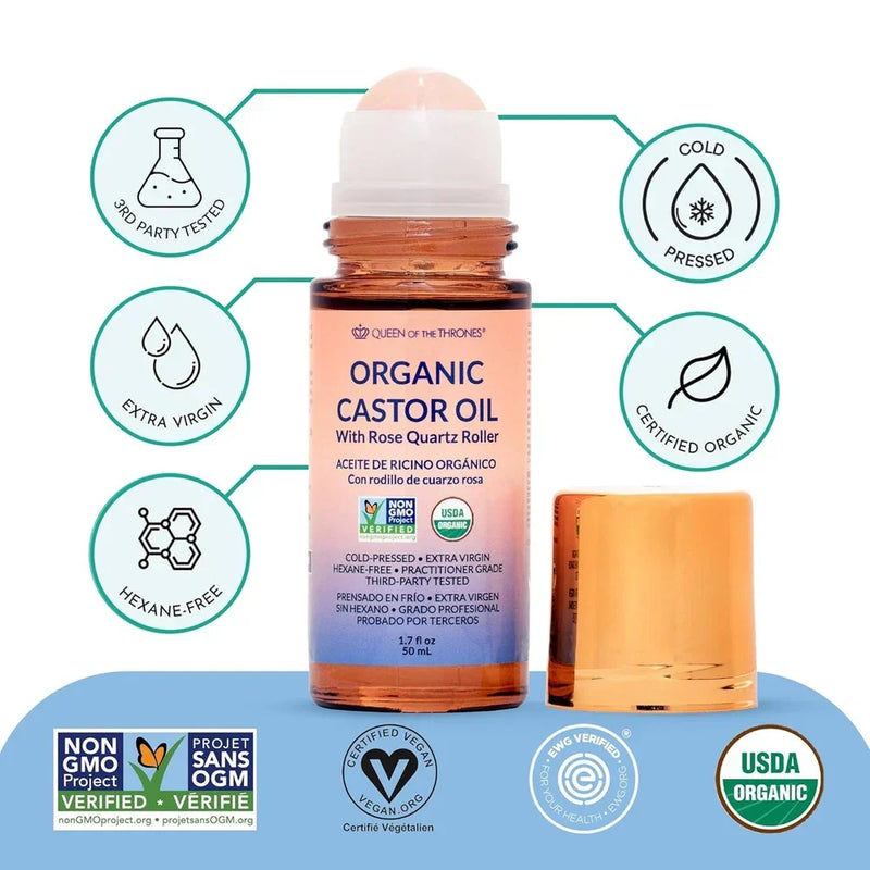 Spacewallart Queen of the Thrones Organic Golden Castor Oil Roll-On with Rose Quartz, 50ml, USDA certified, natural beauty product