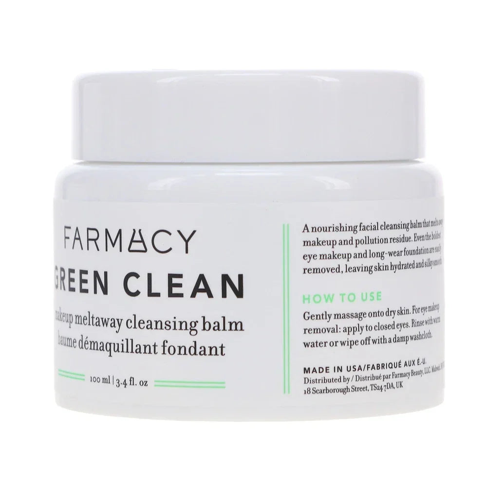 Farmacy Green Clean Makeup Meltaway Cleansing Balm in a 3.4 oz jar, showing the smooth, green balm texture for gentle makeup removal.
