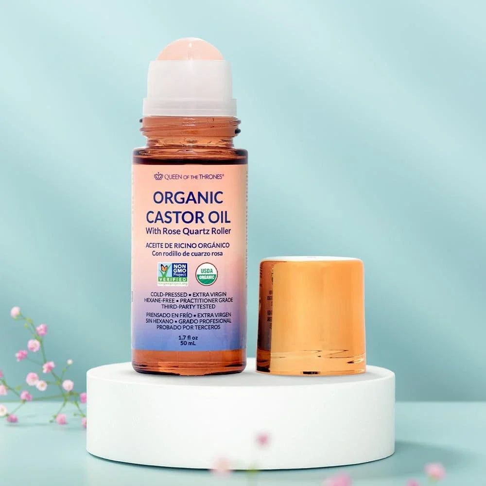 Spacewallart Queen of the Thrones Organic Golden Castor Oil Roll-On with Rose Quartz in 50ml, USDA certified, natural beauty product