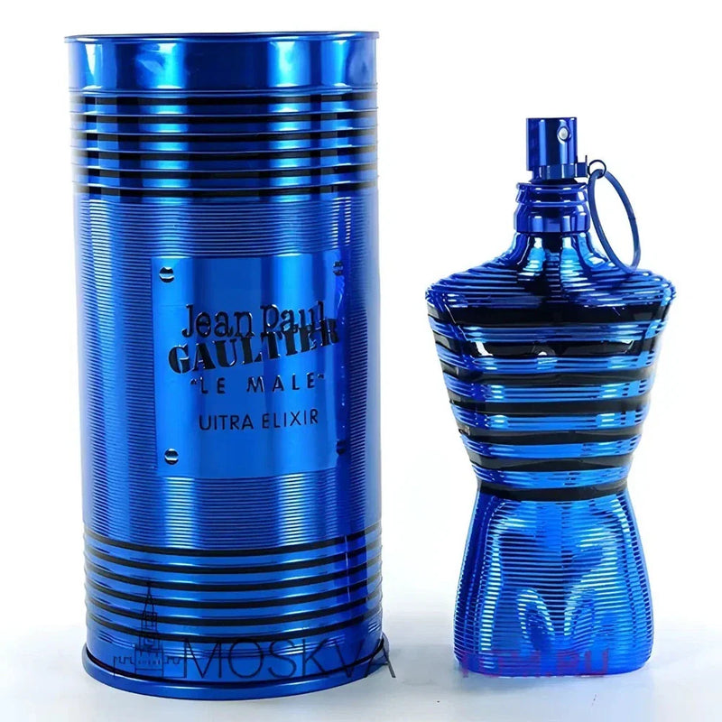 Jean Paul Gaultier Le Male Ultra Elixir men's parfum bottle, 4.2 oz, with sleek design and masculine fragrance details.