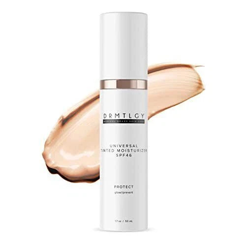 Spacewallart Drmtlgy Universal Tinted Moisturizer SPF 46 in 1.7 fl oz bottle, showcasing the tinted sunscreen for all skin tones.