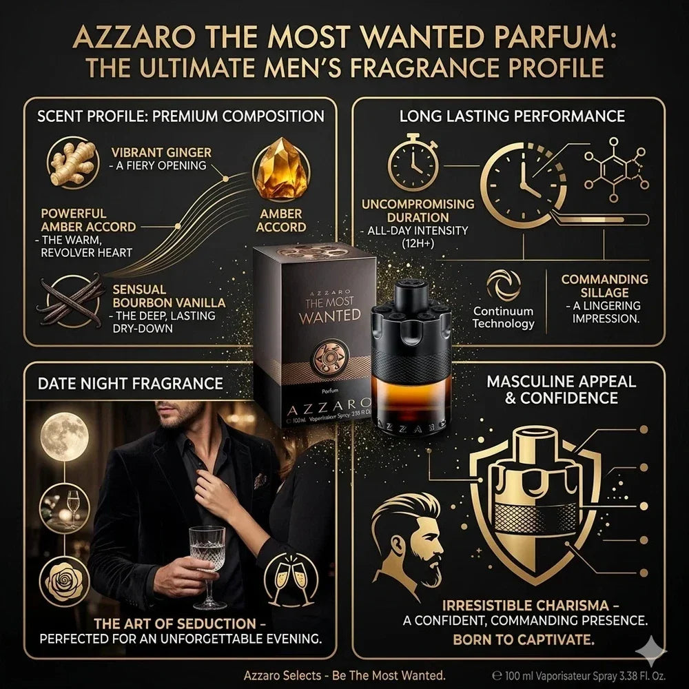 Azzaro The Most Wanted Men’s parfum spray bottle, 3.38 oz / 100 ml, with sleek design and label showing the Azzaro branding.