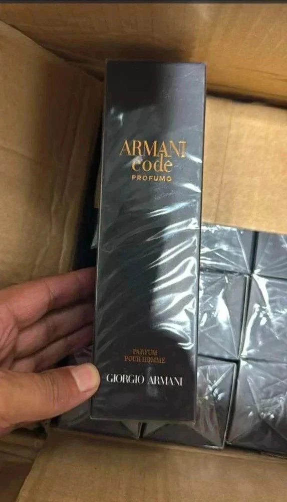 Giorgio Armani Armani Code Profumo men’s parfum spray bottle with sleek black design and silver accents, 3.7 oz/110 ml, new and sealed