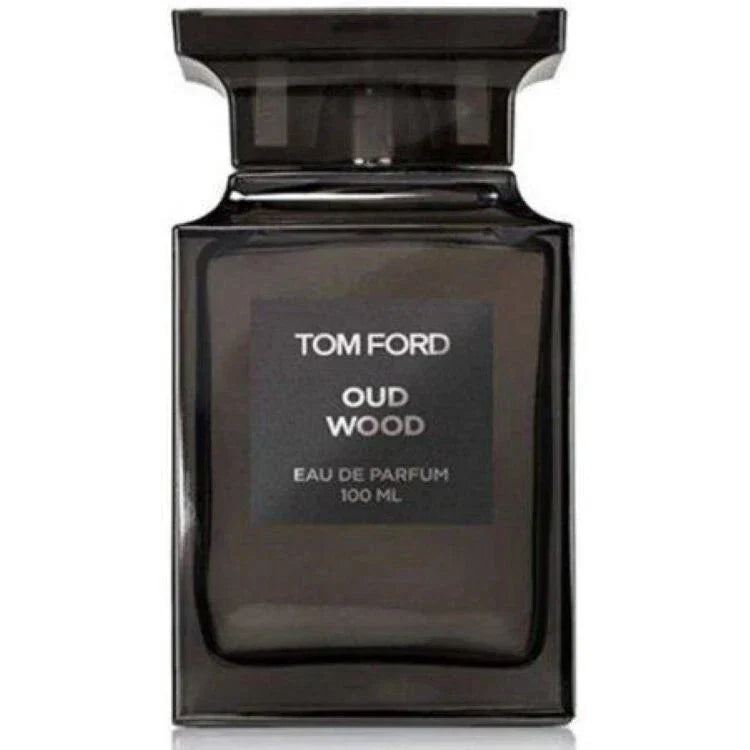 Tom Ford Oud Wood Eau de Parfum unisex bottle, 3.4 oz, with sleek design and dark fragrance liquid, authentic product with no box.