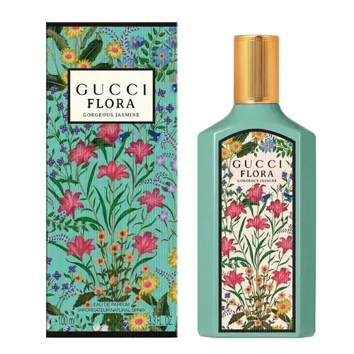 Gucci Flora Gorgeous Jasmine Eau de Parfum for Women in a 3.3 oz bottle, featuring floral design and elegant packaging.