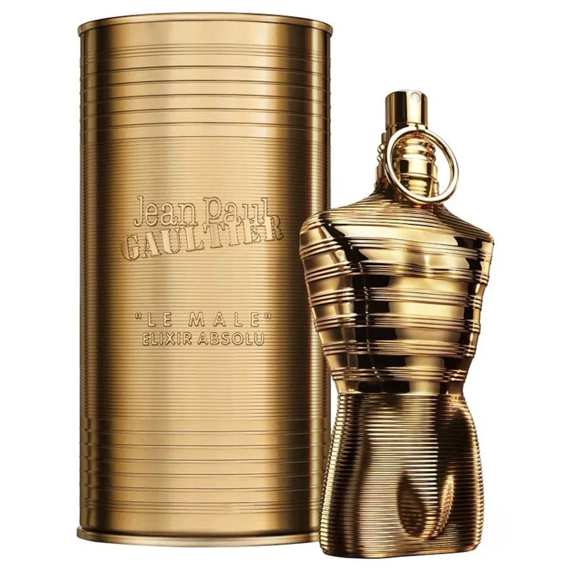 Jean Paul Gaultier Le Male Elixir Eau de Parfum for Men, 4.2 oz, featuring the iconic bottle with dark blue design and silver accents.