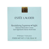 Estée Lauder Revitalizing Supreme+ Night Cream jar with cream visible, highlighting anti-aging skincare in a 1.7 oz container