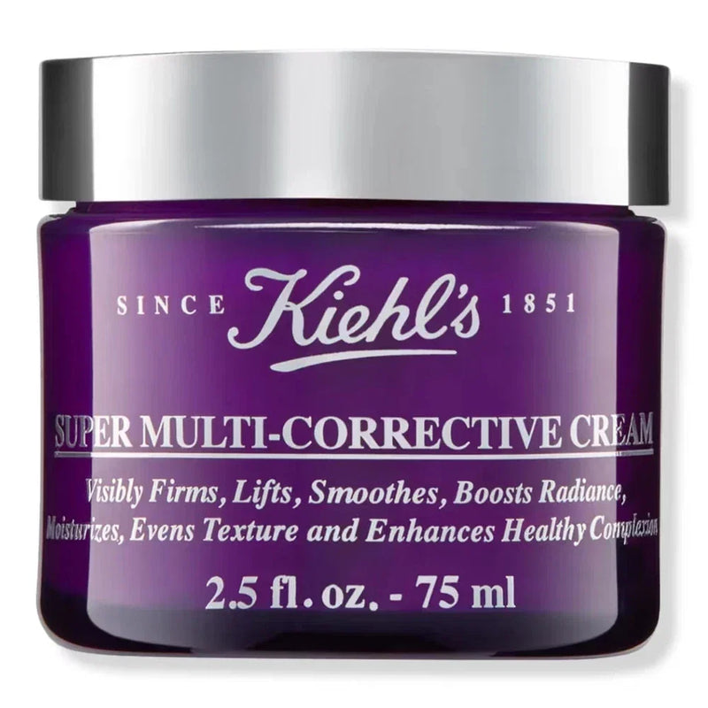 Kiehl's Super Multi-Corrective Anti-Aging Face & Neck Cream jar, 2.5 fl oz, with cream visible on the open lid.