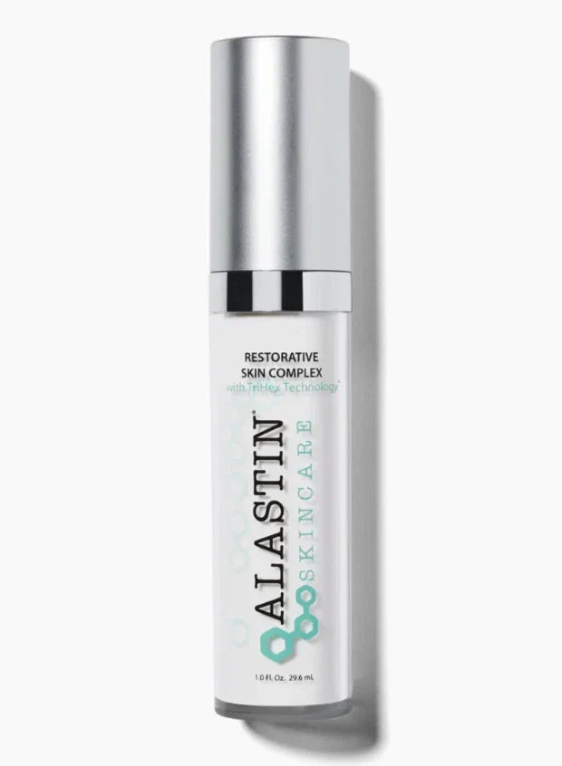 Alastin Skincare Restorative Skin Complex in a 1 oz bottle, featuring a sleek pump dispenser and clear label on a white background.