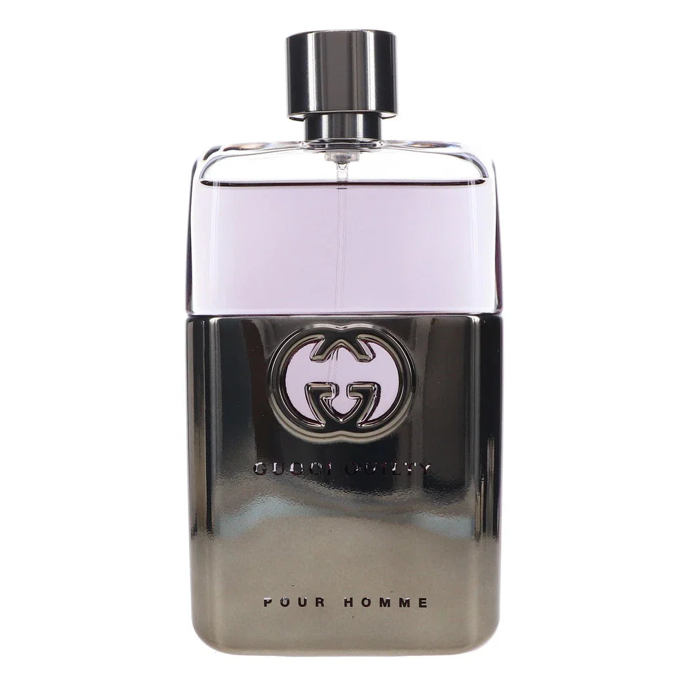 Gucci Guilty Pour Homme Eau de Toilette bottle in 3 oz size, featuring a sleek design and dark packaging.