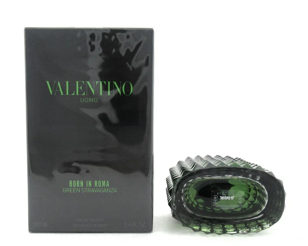 Valentino Uomo Born In Roma Green Stravaganza Eau de Toilette for Men in 3.4 oz bottle, featuring sleek green and black packaging.