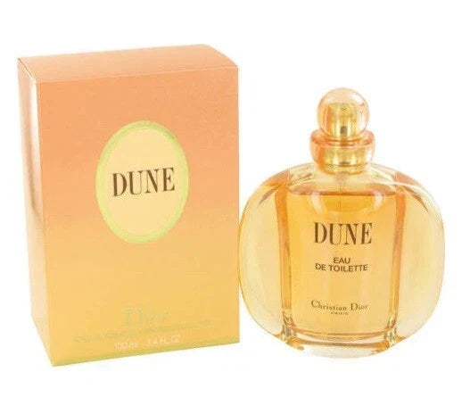 Christian Dior Dune Eau de Toilette for women in 3.4 oz bottle, featuring elegant packaging and fresh floral scent.