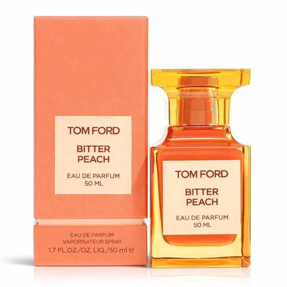 Tom Ford Bitter Peach Eau de Parfum bottle shown, with sleek design and clear branding, in a sealed, authentic package.