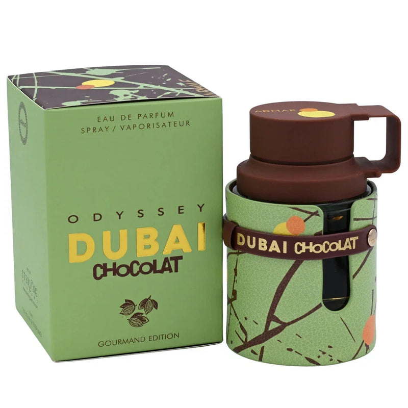 Armaf Odyssey Dubai Chocolat Eau de Parfum for Men, 3.4 oz, authentic bottle with sleek design and branding in a new box.