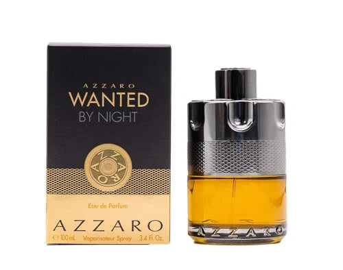 Azzaro Wanted by Night Eau de Parfum for Men in a 3.4 oz bottle, displayed in a new box, with a sleek, dark-colored design.