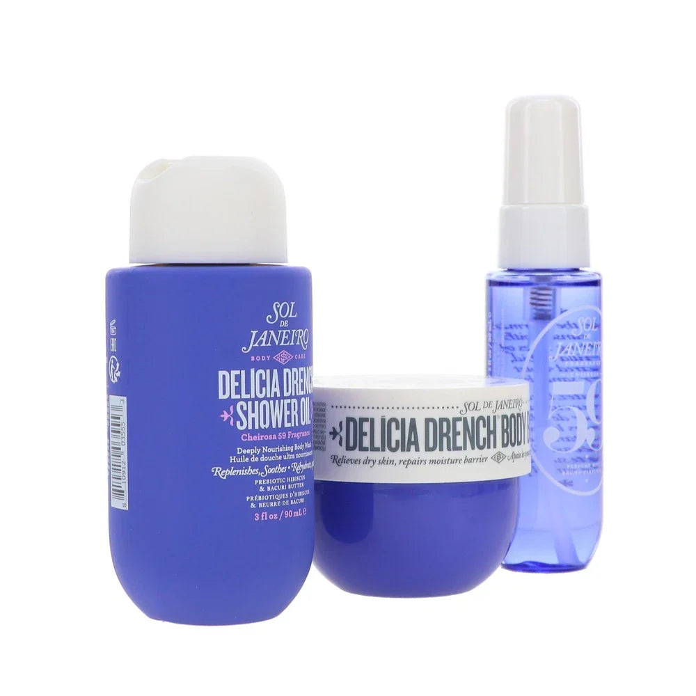 Travel size Sol de Janeiro Delicia Drench body care set featuring moisturizing creams and lotions in a compact beauty collection.
