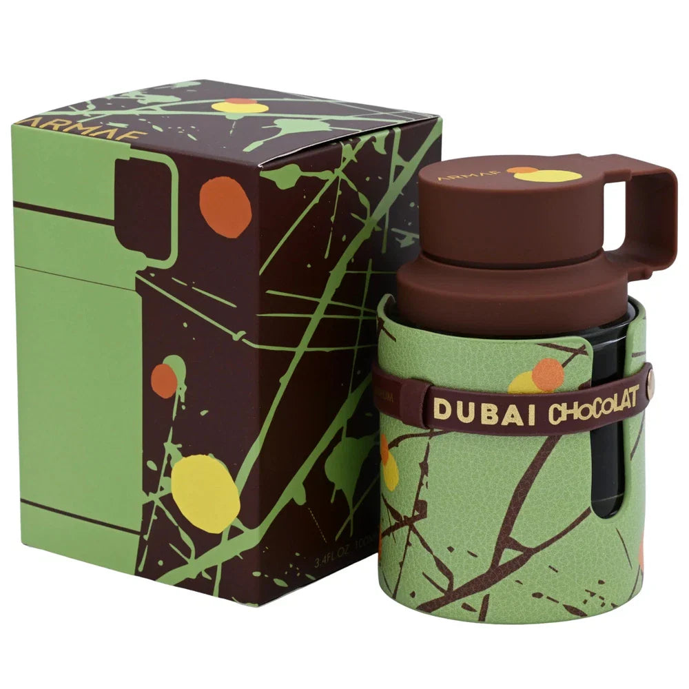 Armaf Odyssey Dubai Chocolat Eau de Parfum for Men in 3.4 oz bottle, authentic, new in box, with sleek black and gold design.