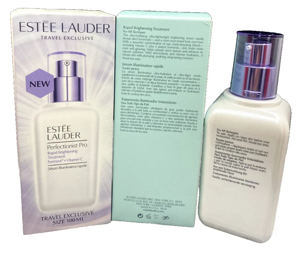 Estée Lauder Perfectionist Pro Rapid Brightening Treatment with Vitamin C in a 3.4 oz bottle, designed for radiant skin.