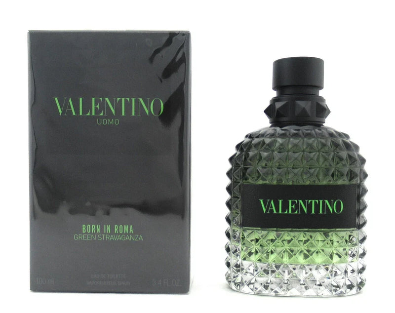 Valentino Uomo Born In Roma Green Stravaganza Eau de Toilette for Men in 3.4 oz bottle, with green liquid and sleek packaging.