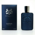 Eau de Parfum Spray for Men, Parfums de Marly Layton, 4.2 oz, elegant bottle with a metallic cap and luxurious label.