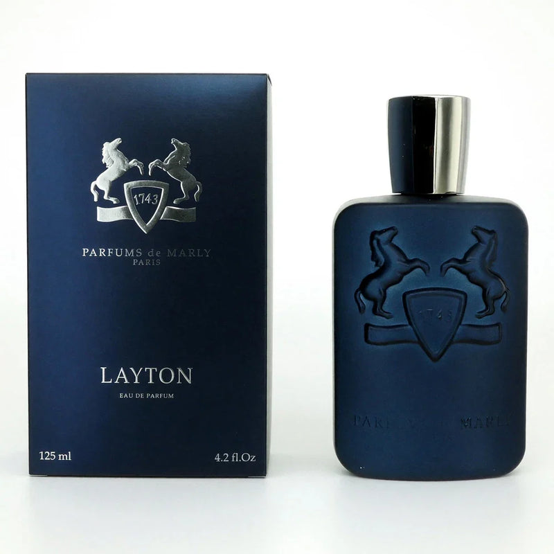 Eau de Parfum Spray for Men, Parfums de Marly Layton, 4.2 oz, elegant bottle with a metallic cap and luxurious label.